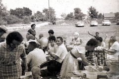 Joy, Leon, Tony, Judy, Sally Sayger; Della Dorrough; Marion and Pat; Marie and Floyd Aunt Judy; Jon Fry; Patricia Dorrough Schultz; family reunion; Hoover Ave